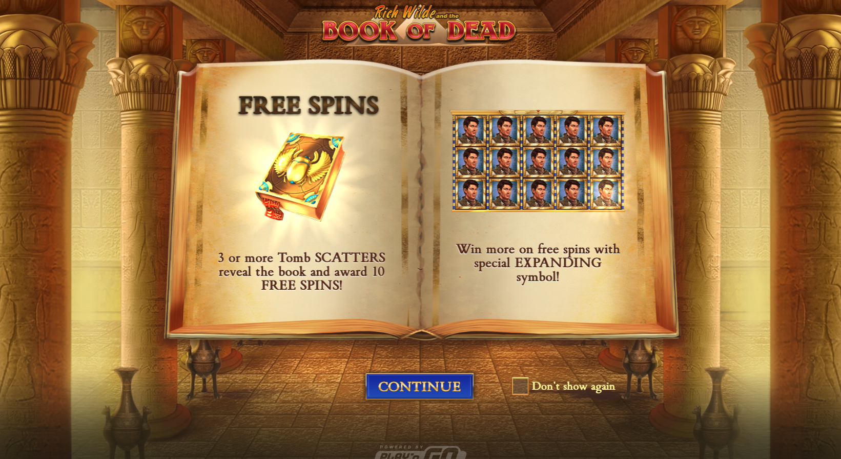 Free spins bonus in Book of Dead met het boek als scatter en een speciaal Expanding Symbol.