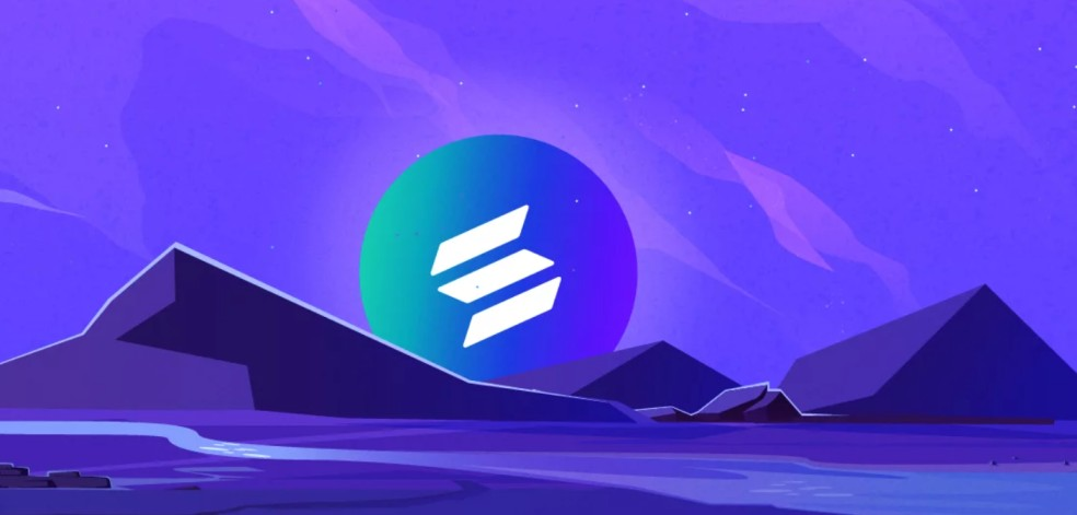 An image showcasing a Solana ball on mountains with sky background. 