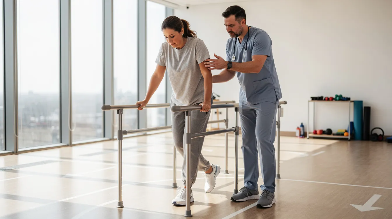 The image shows a person engaged in physical rehabilitation, using parallel bars in a bright and spacious therapy room, emphasizing the importance of medical care in recovery. Such therapy can be crucial for individuals who have experienced serious injuries or medical errors, highlighting the role of healthcare professionals in the healing process.
