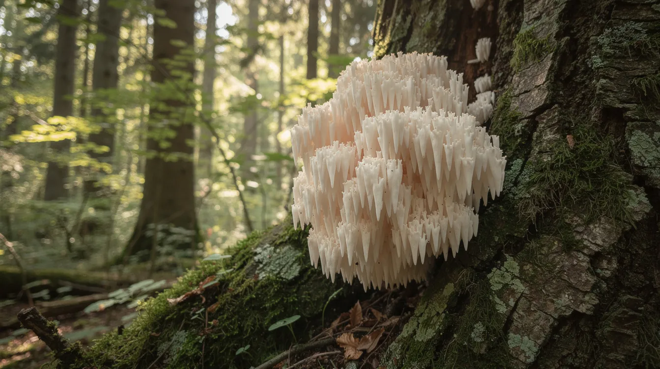 A lion's mane mushroom grows naturally on a tree trunk in a lush forest, showcasing its unique, cascading white spines. This striking fungus is celebrated for its potential health benefits, including support for cognition and energy levels, making it a popular choice among host defense mushrooms enthusiasts.