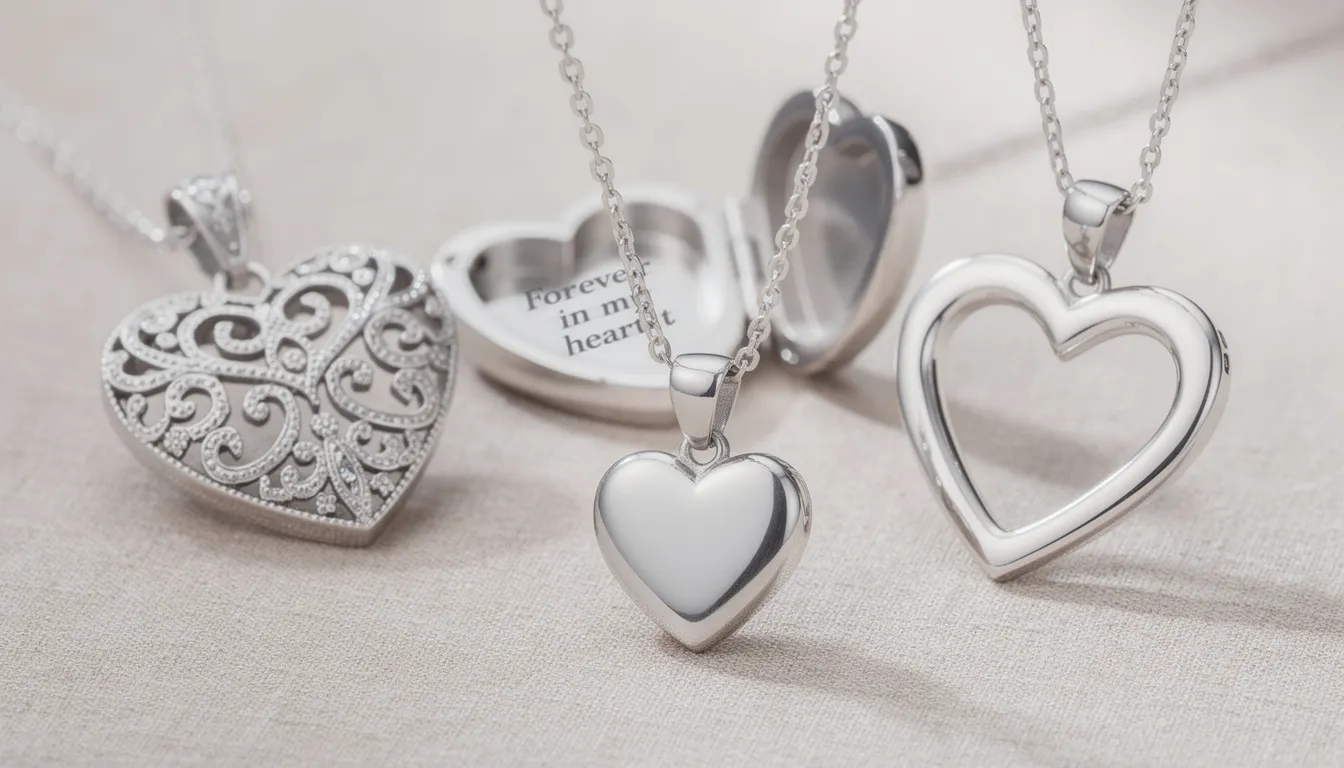 The image showcases a variety of silver heart necklaces, including delicate sterling silver heart pendants for everyday elegance and bold statement pieces with intricate designs. Among them, heart-shaped lockets are also featured, perfect for holding cherished memories and engraved with special messages for loved ones.