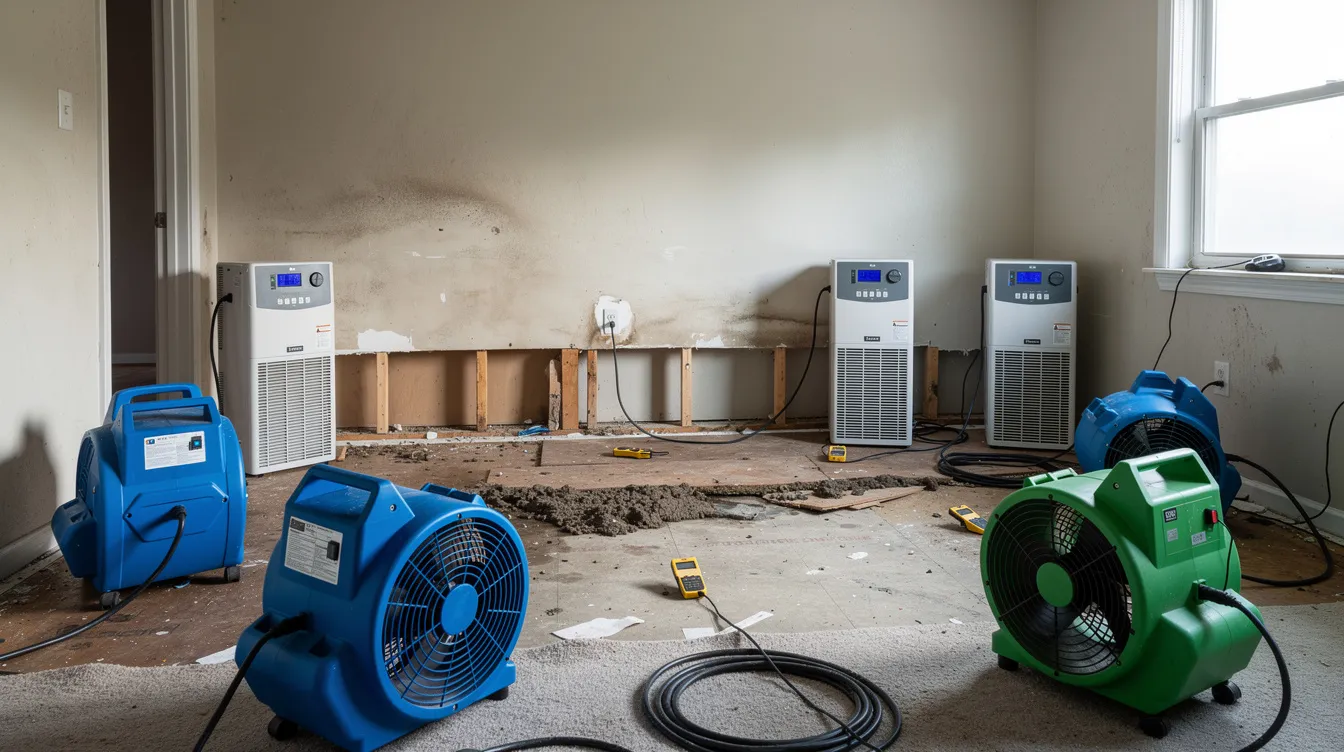 The image depicts industrial air movers and dehumidifiers actively drying a room affected by water damage, showcasing the water damage restoration process. These drying systems are crucial in preventing mold growth and restoring the property to its pre-loss condition after water intrusion.