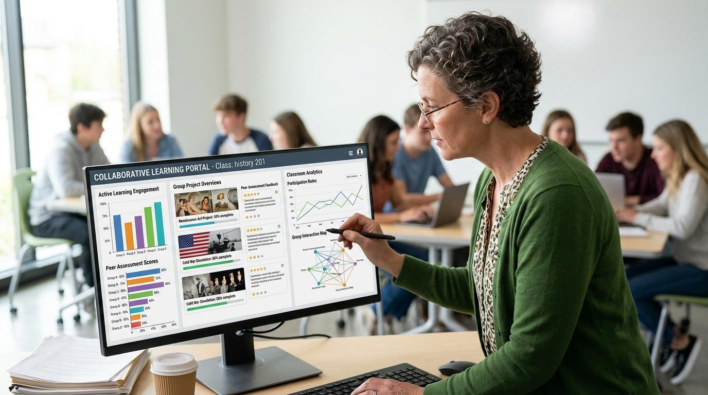 Teacher analyzing collaborative learning software with peer assessment, group projects, active learning, and classroom analytics displayed on screen