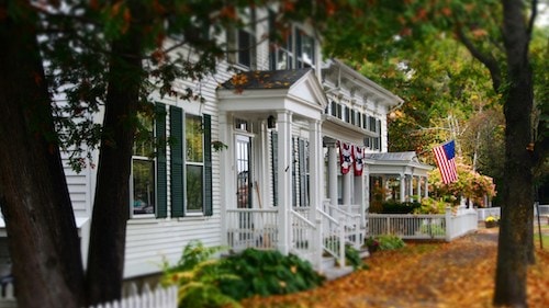Historic New England buildings along a charming street in Woodstock, Vermont