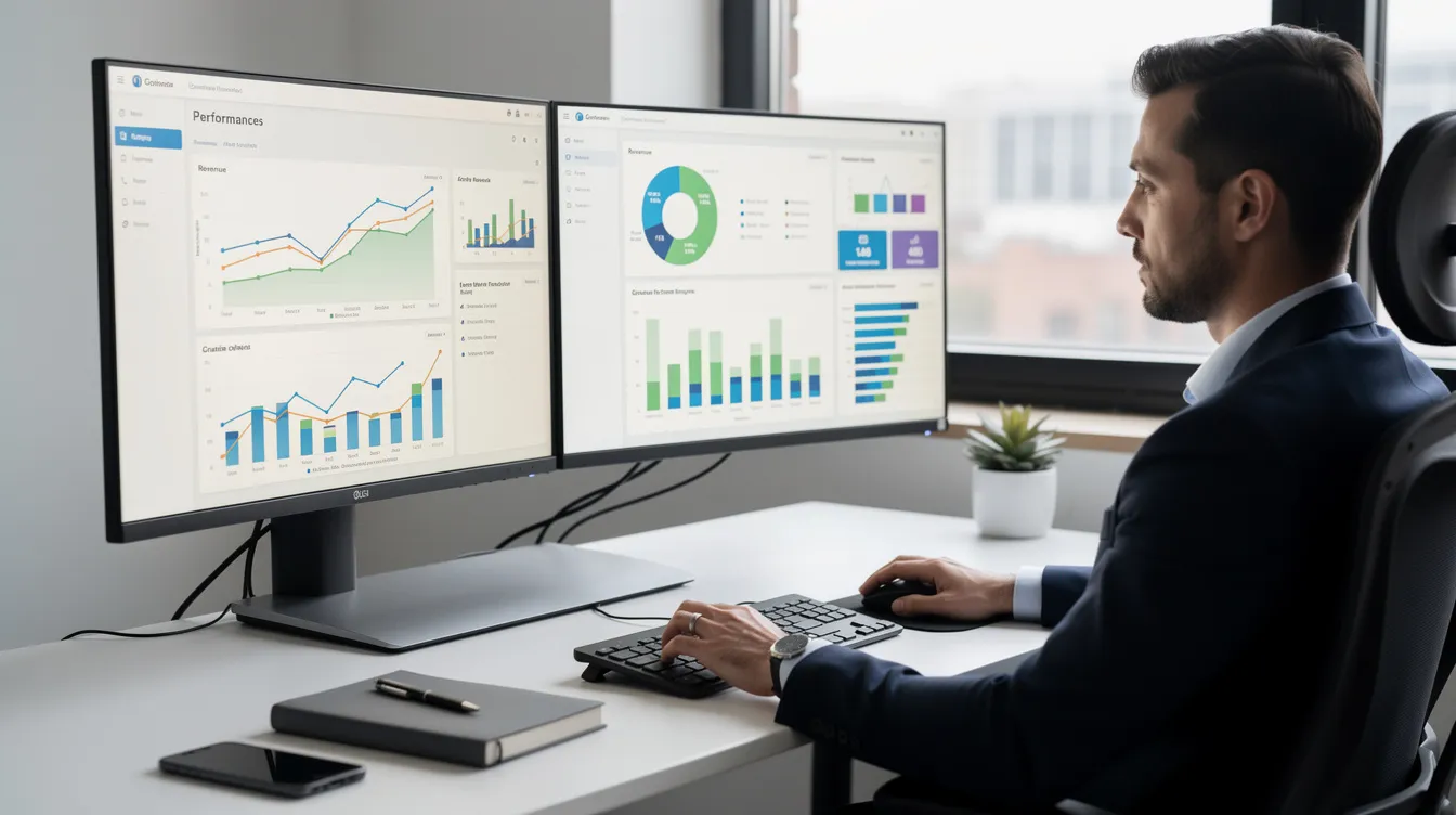 A person is seated at a sleek modern desk, intently reviewing performance data on dual monitors that display various charts and graphs. This scene reflects the analytical work often done by professionals in digital marketing agencies and SEO services, focusing on improving search engine optimization and online visibility.