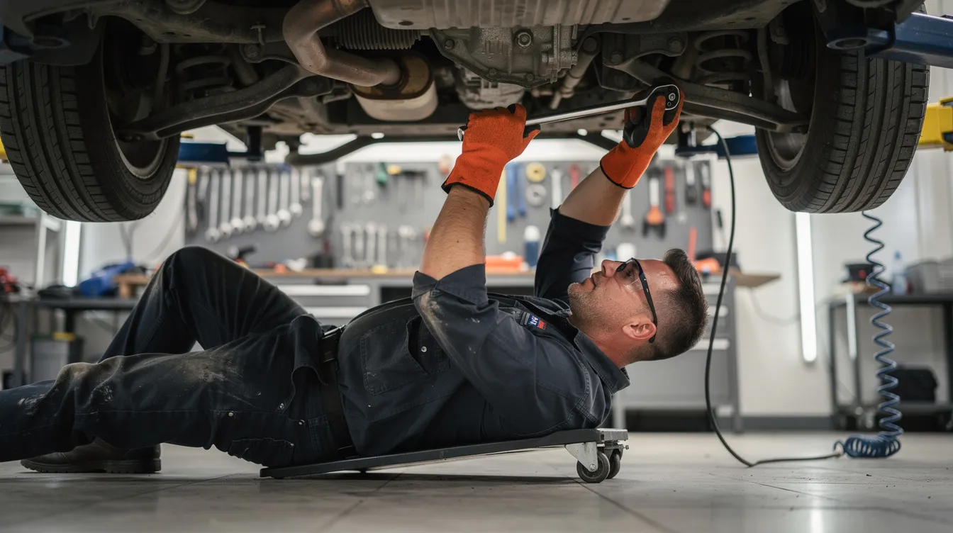 A mechanic wearing safety gloves is working under a vehicle that is elevated on a lift in an auto repair shop. The scene highlights the essential operations of automotive repair shops, where proper insurance coverage, such as garage liability insurance and workers compensation insurance, is crucial for protecting against potential risks and liabilities.