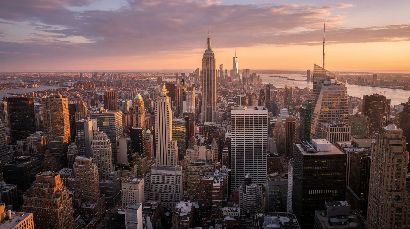 Imagen panorámica de la ciudad de Nueva York al atardecer, donde se pueden ver rascacielos iluminados y un cielo anaranjado. Esta vista representa la belleza y vitalidad de la ciudad, que contrasta con la preocupación de muchos sobre el envejecimiento y la estética, temas que pueden llevar a considerar una blefaroplastia inferior para tratar las bolsas debajo de los ojos.