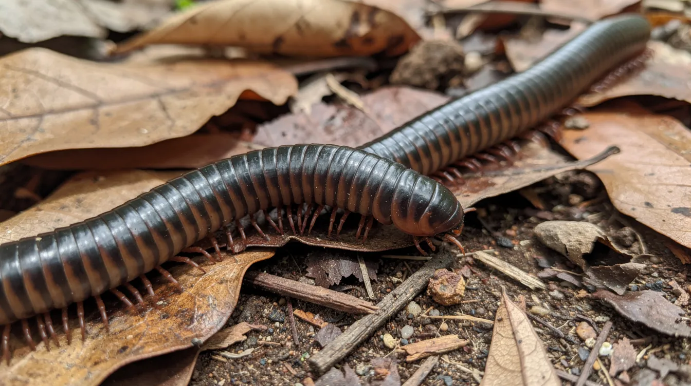 An African giant millipede is crawling across a substrate covered with leaf litter, showcasing its long, segmented body and numerous legs. This fascinating and low maintenance exotic pet is often considered a great choice for apartment dwellers looking for unique animal companions.