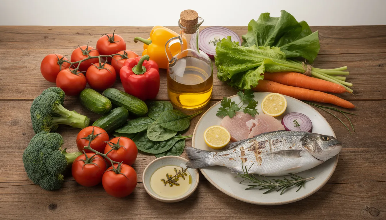 Na drewnianym stole znajdują się świeże warzywa, ryby oraz butelka oliwy z oliwek, tworząc zdrową kompozycję kulinarną. Obrazek podkreśla wartości odżywcze, które mogą wspierać zdrowie i obniżać poziom cholesterolu.