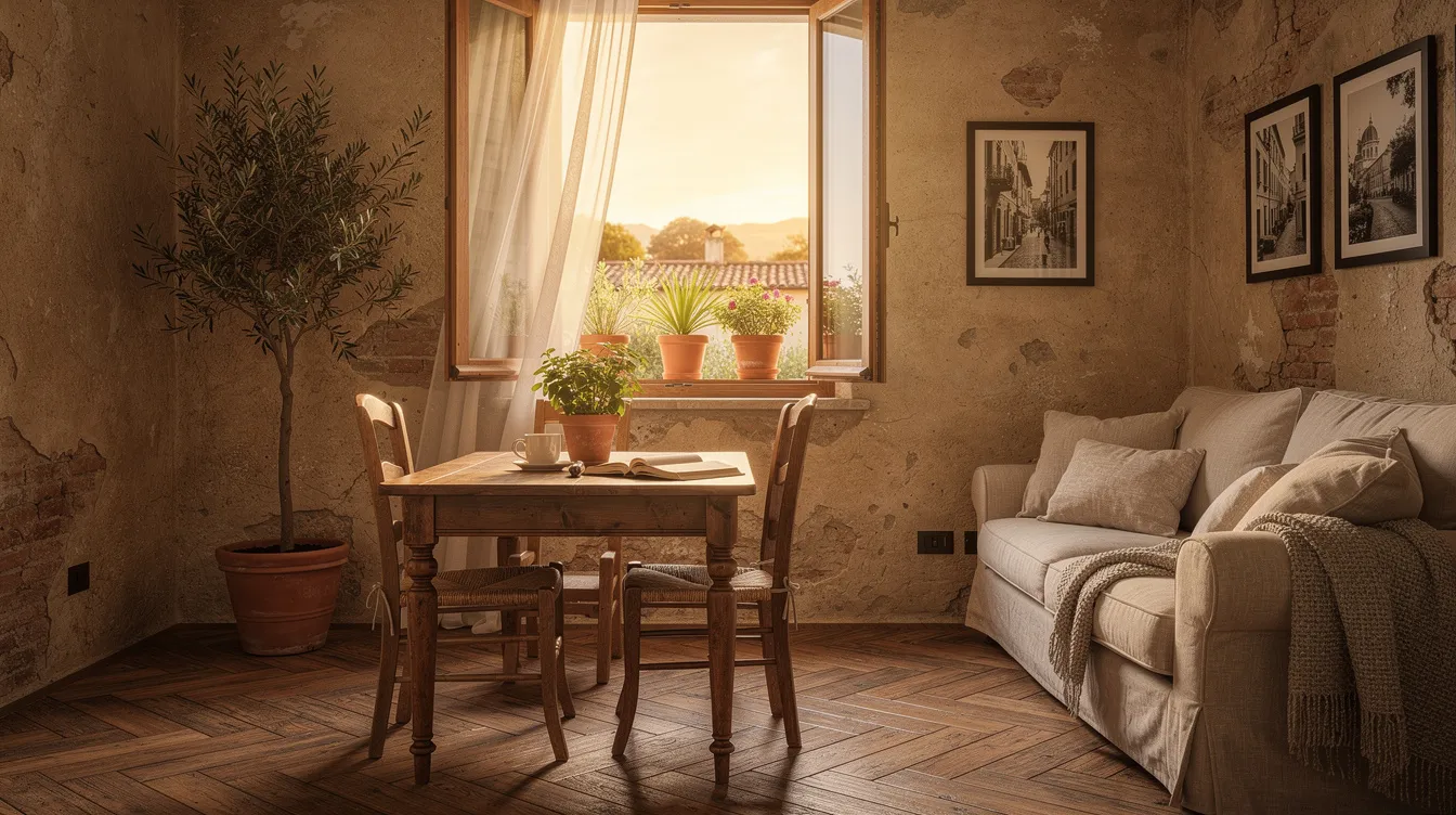 The image depicts a cozy Italian apartment interior, bathed in warm sunlight streaming through a window, creating a welcoming atmosphere. This setting reflects the charm of life in Italy, ideal for those considering moving to Italy or obtaining Italian citizenship.