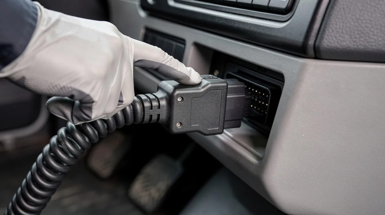 types of eld devices The image shows a diagnostic port connector being plugged into a commercial truck, illustrating the installation of an electronic logging device (ELD). This connection is essential for fleet management, enabling tracking of hours of service and ensuring compliance with ELD regulations for commercial motor vehicles.