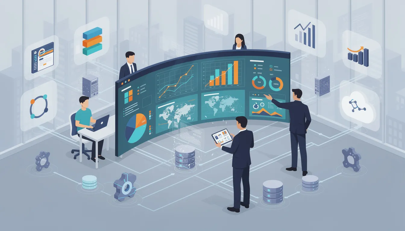 The image depicts a modern workspace featuring various business intelligence tools and systems, including screens displaying data visualizations, dashboards, and analytics tools. This environment is designed for business users to analyze data, transform raw data into actionable insights, and inform business strategies using advanced analytics and self-service BI solutions.