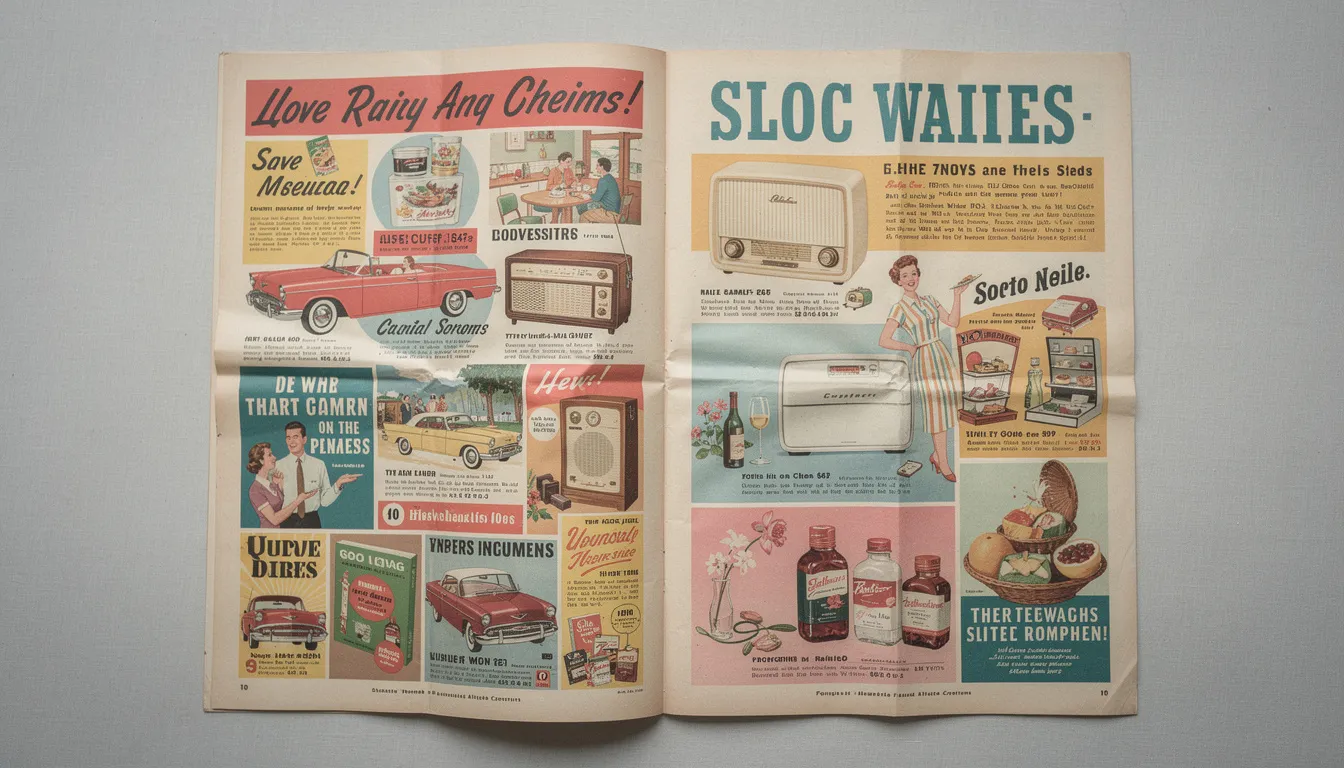 The image features a vintage magazine spread showcasing a collection of colorful mid-century advertisements, highlighting the historical charm and unique design styles of the era. This nostalgic piece captures the golden age of advertising with a variety of vintage ads that reflect the marketing trends of the past.