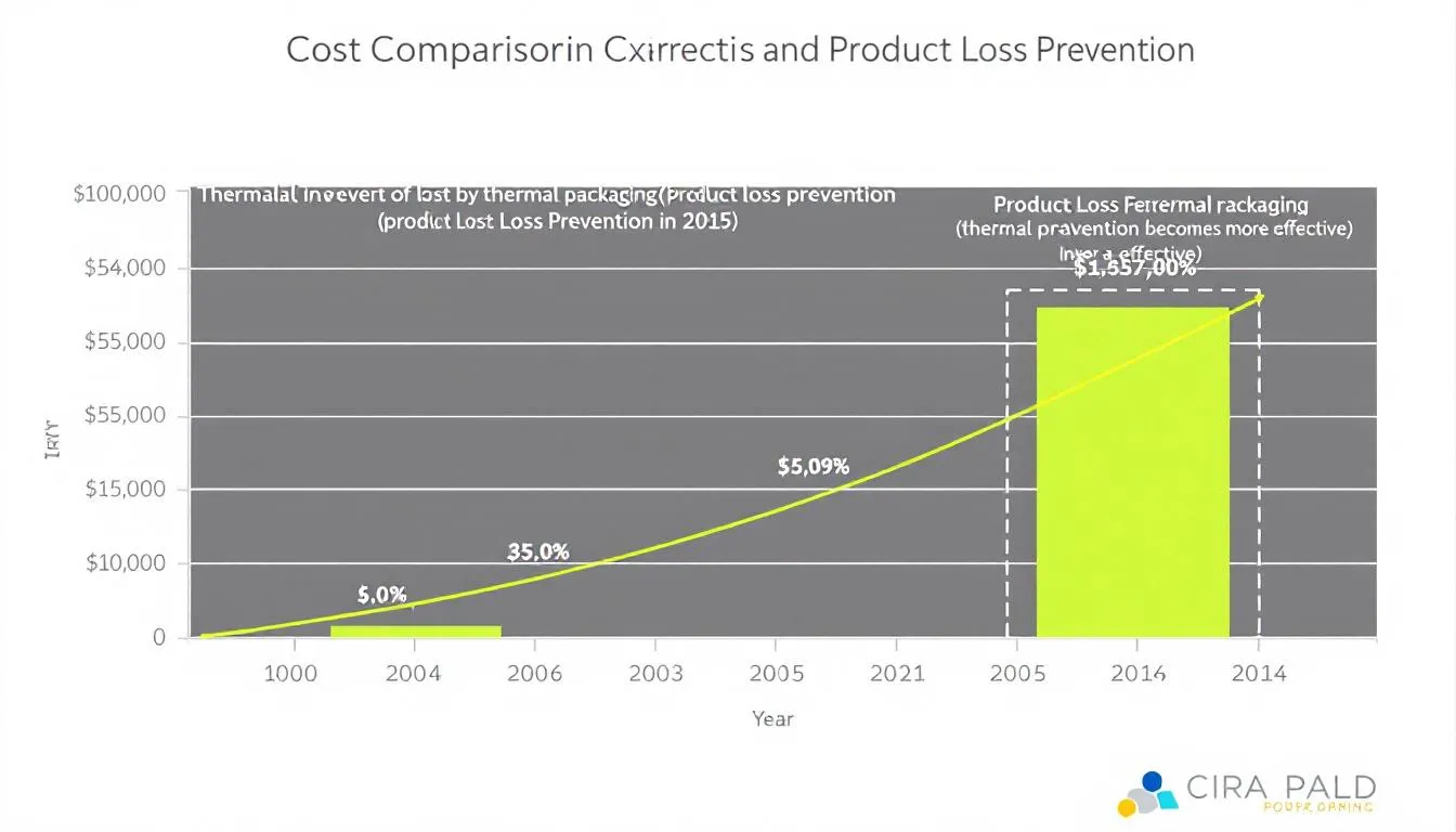 The image depicts a cost comparison chart that highlights the investment in thermal packaging solutions against the potential product loss prevention benefits, emphasizing the importance of insulated packaging in overcoming cold chain challenges. The chart visually represents how effective temperature-controlled packaging can save companies money while ensuring the integrity of their products during transportation.