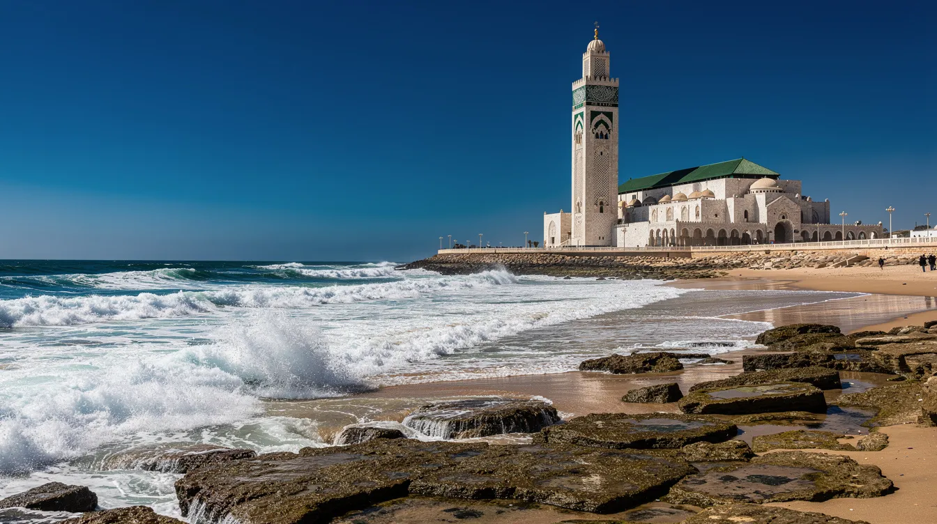 Panoramisch uitzicht op de Hassan II-moskee aan de Atlantische Oceaan in Casablanca.