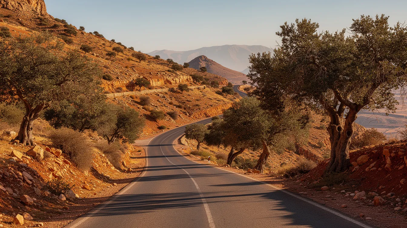 Une route sinueuse serpente à travers les montagnes près d'Agadir, bordée d'arganiers typiques de la région. Ce paysage pittoresque invite à la découverte, parfait pour les voyageurs souhaitant louer une voiture pour explorer les environs.