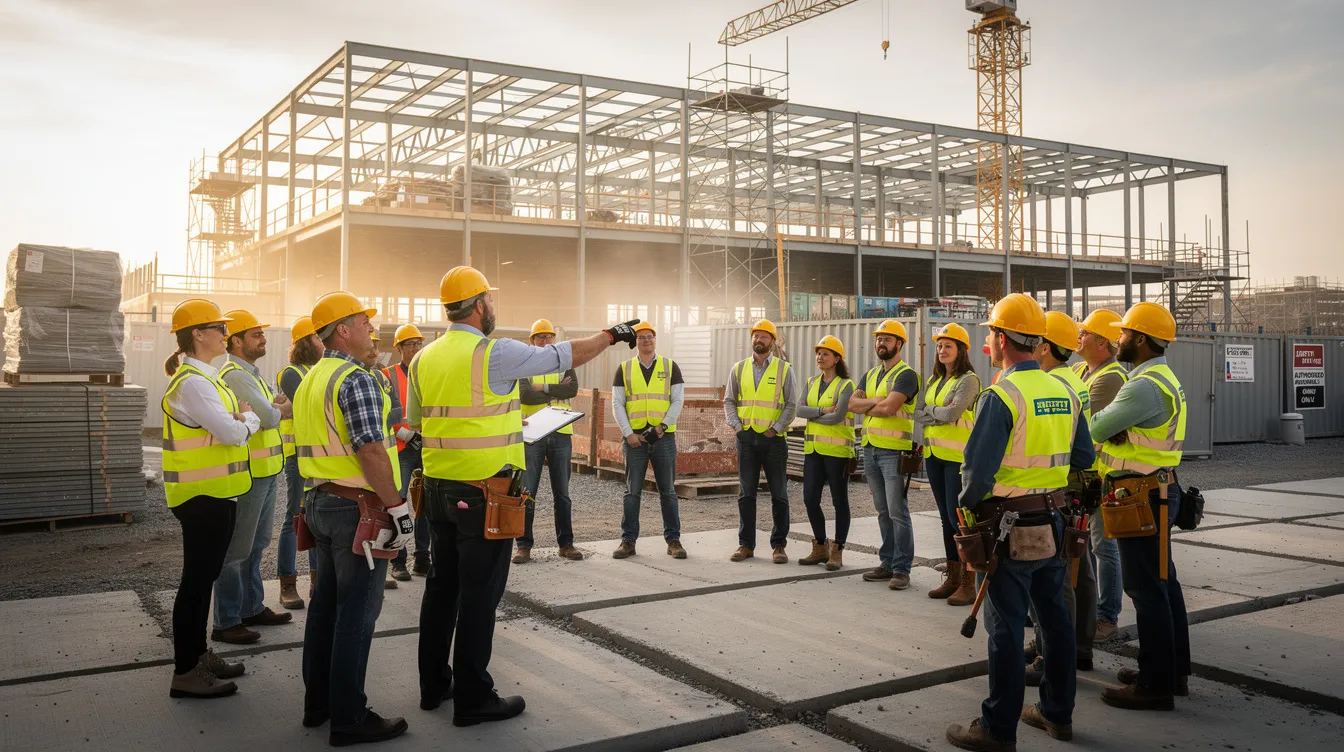 A group of construction workers, wearing hard hats and high-visibility vests, is gathered for a morning safety briefing on an active commercial jobsite, discussing safety regulations and job hazard analyses to ensure workplace safety. This meeting reflects a commitment to a stronger safety culture and highlights the importance of safety management software in mitigating risks and maintaining compliance.