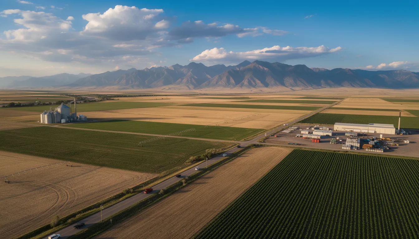 The image depicts a rural Colorado landscape featuring expansive agricultural fields alongside industrial facilities, illustrating the contrast between farming and industry in the area. This setting may evoke considerations related to workers' compensation claims and the importance of legal representation for injured workers in both agricultural and industrial jobs.