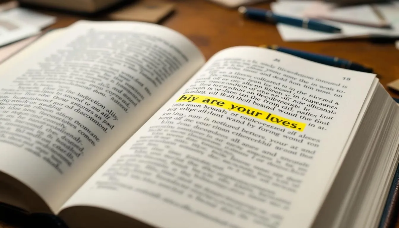 The image shows a close-up view of a highlighted sentence in a book, emphasizing key words and phrases related to English grammar, such as "direct object" and "indirect object." The highlighted text draws attention to important concepts in basic sentence structure and the functions of nouns and pronouns in sentences.