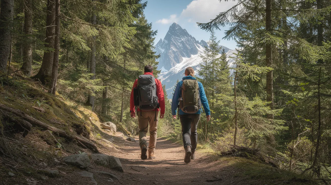 Two hikers with backpacks are walking along a forest trail, surrounded by tall trees, with majestic mountain peaks visible in the background. This scene captures the essence of a vibrant lifestyle in nature, inviting others to embrace connection with the great outdoors.