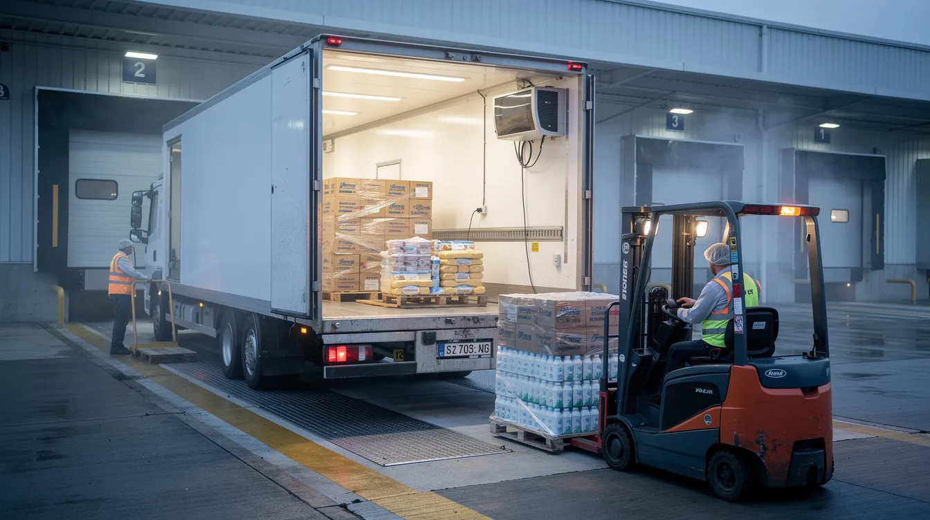 A refrigerated delivery truck is being loaded with various dairy products, including fresh milk and yogurt, at a factory dispatch bay. This scene highlights the yogurt manufacturing process and the importance of maintaining a cold chain for preserving the quality of fermented dairy products.
