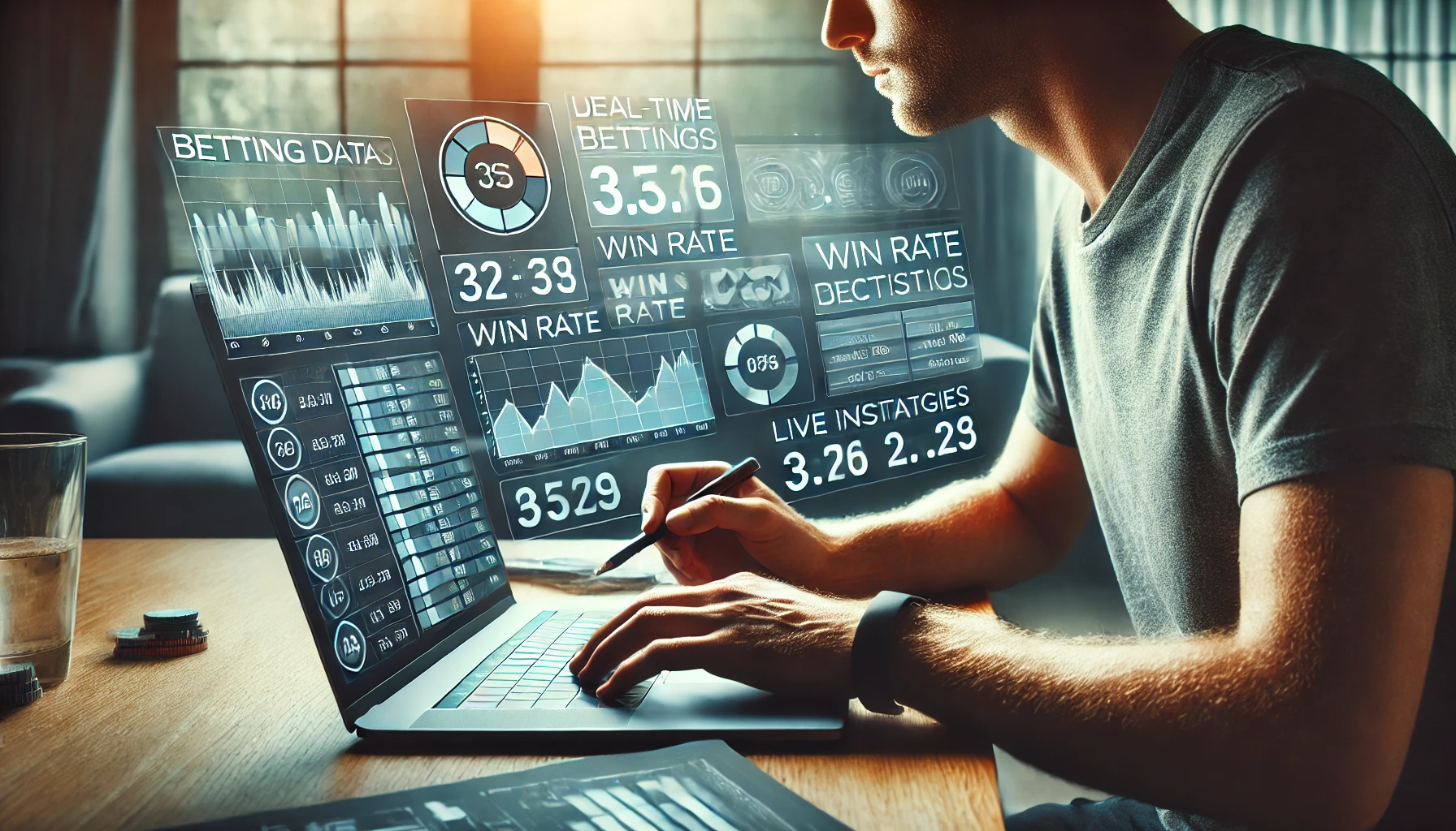 A person analyzing betting data on a laptop, reviewing real-time data analytics such as win rate statistics.