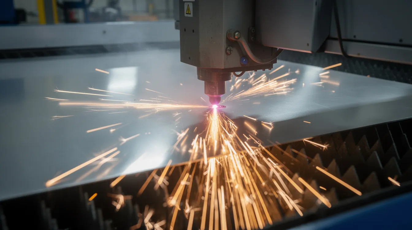 A CNC laser cutting machine is actively processing a sheet of stainless steel, with bright orange sparks flying downward from the cutting action. This scene highlights the precision of computer numerical control technology in the manufacturing process, showcasing the efficiency of modern CNC machines.