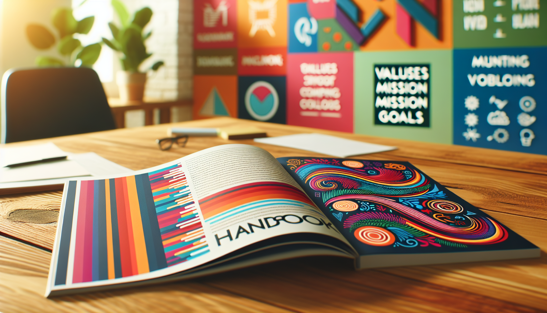 Illustration of a handbook with company branding and logo