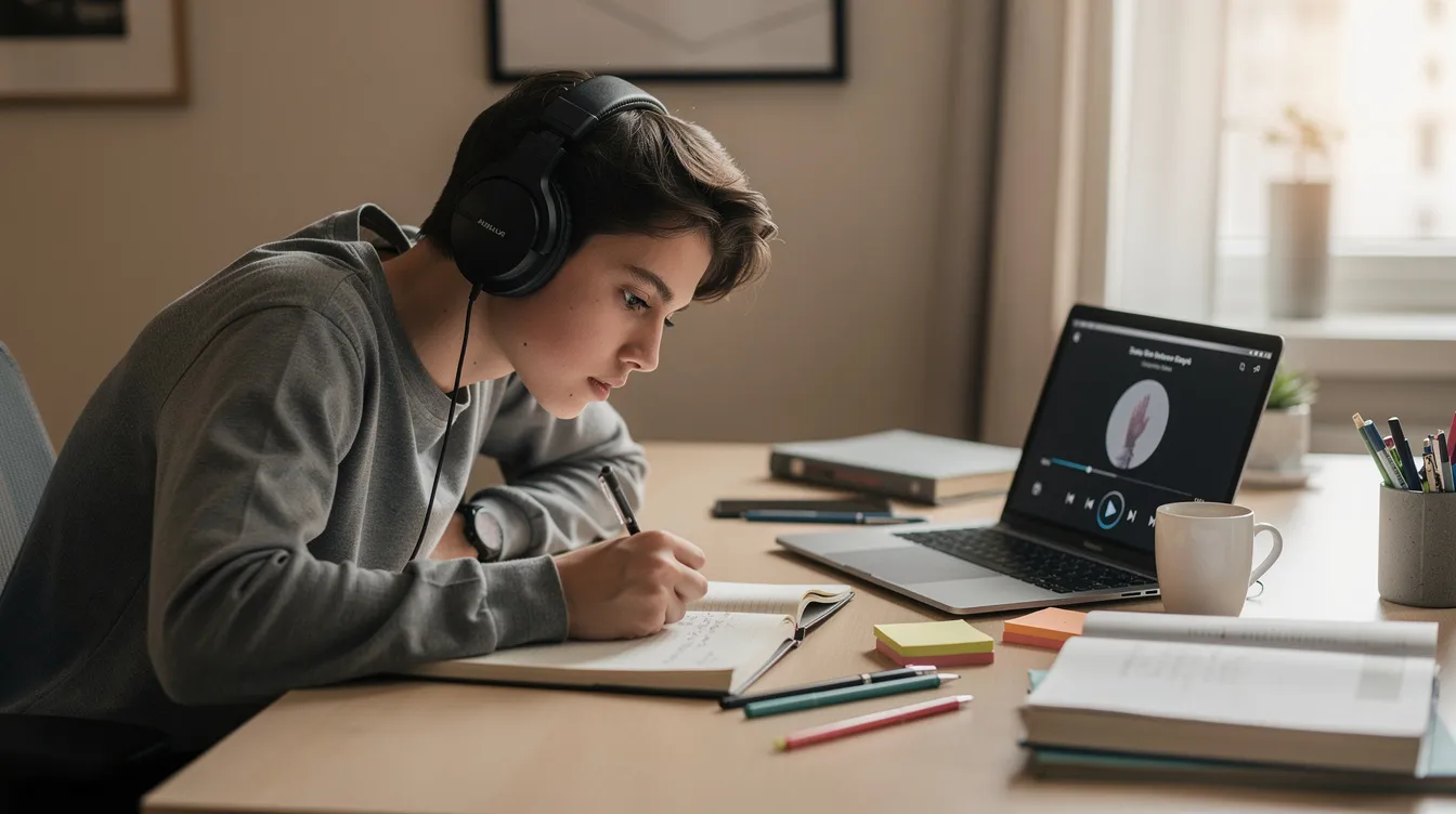 A student seated at a desk wearing headphones while practicing listening exercises and taking notes, preparing for the CELPIP test