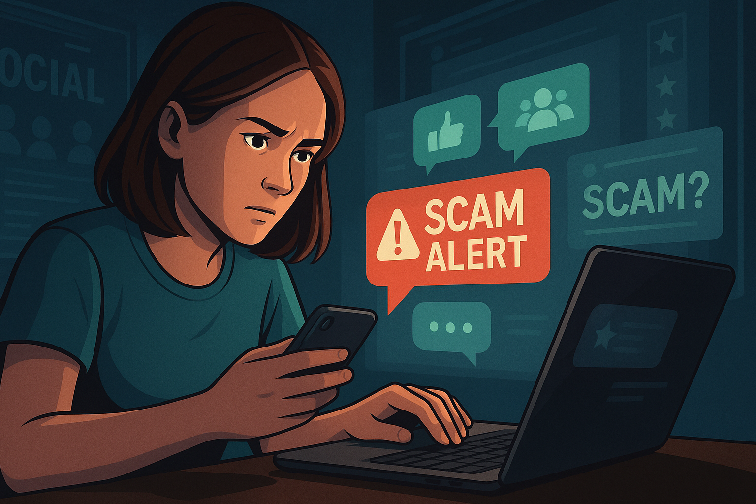 "A semi-realistic digital illustration showing a young woman holding her phone with a shocked expression, as scam alert notifications pop up around her, representing the emotional impact and sudden realization during an online scam incident.