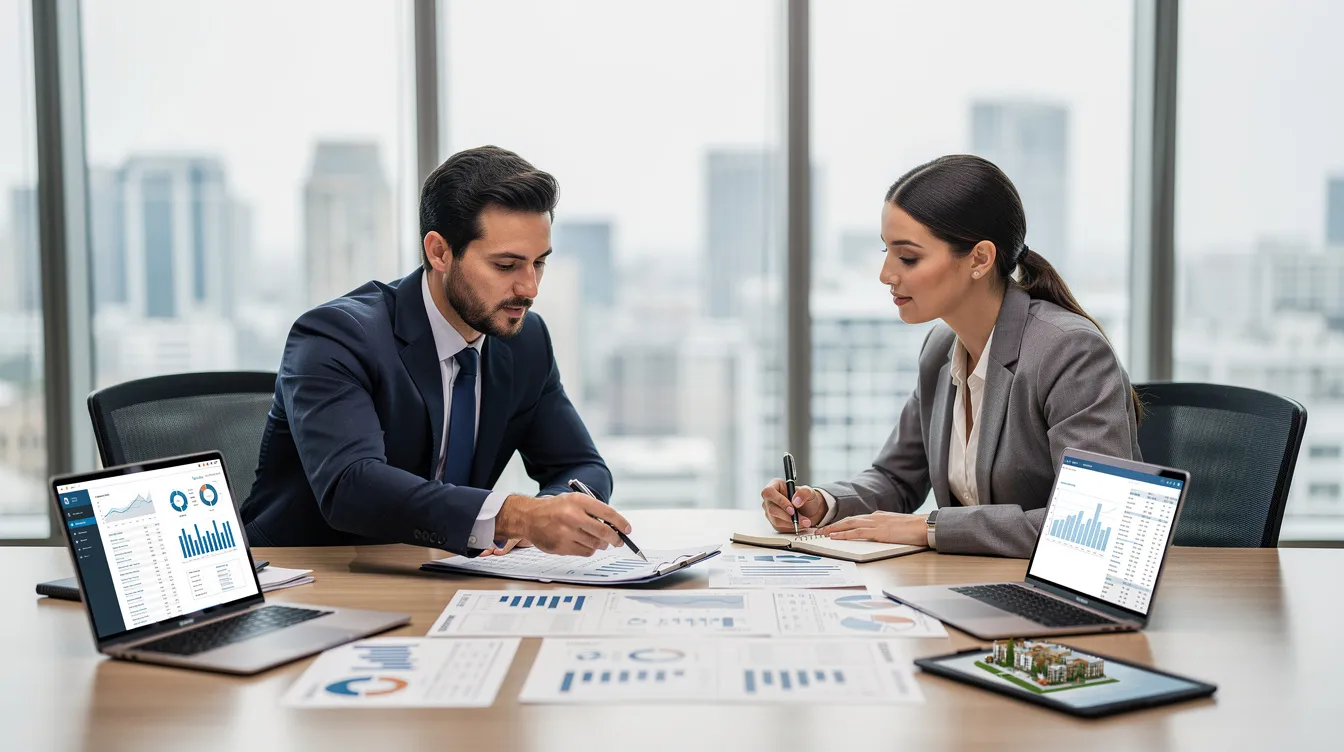 0c58c1ef d4cc 48ab 9641 ddff8ea42ee4 The image depicts a professional meeting between a banker and a hotel promoter, both intently reviewing a detailed project report on financial documents at a conference table. They are discussing aspects such as project costs, financial projections, and investment opportunities related to a 3-star hotel project in the hospitality industry.