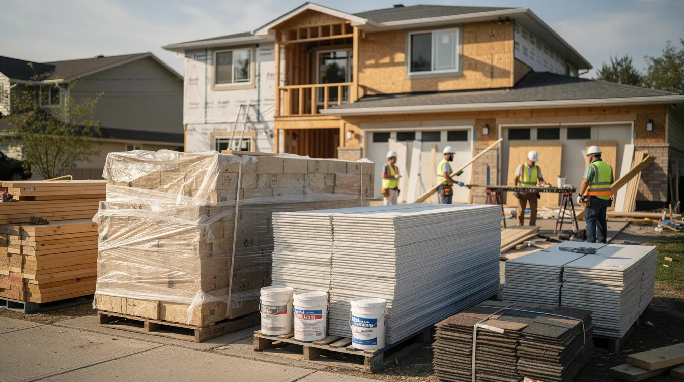 The image shows a stack of construction materials outside a residential renovation project, with workers actively engaged in the background. This scene highlights the ongoing real estate investment efforts, potentially involving hard money loans for financing the renovation.