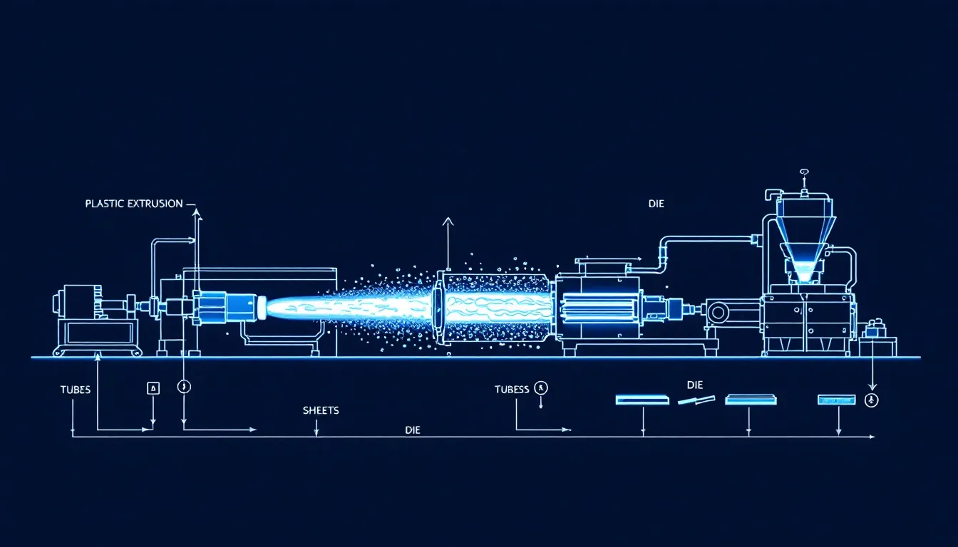 An illustration of the plastic extrusion process, showing molten plastic shaping into products.