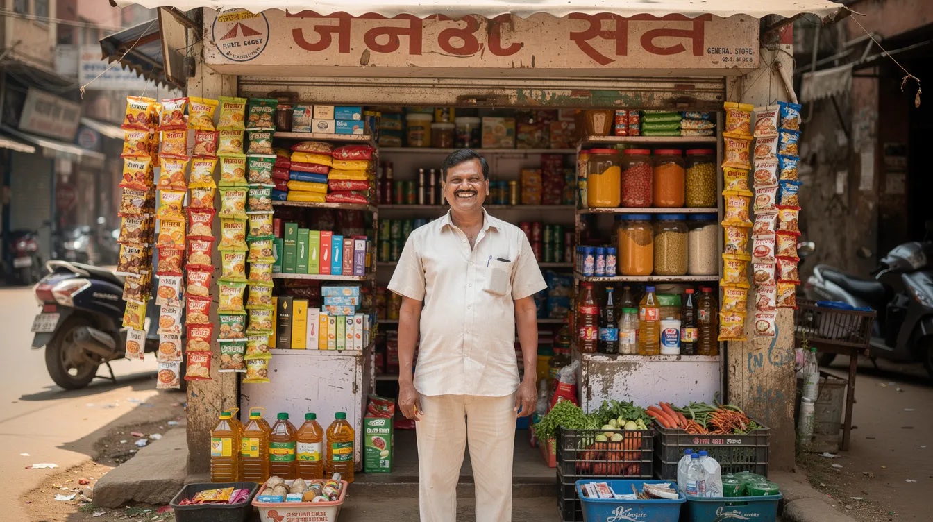 0c5bac18 f8d0 4b0e 8921 ac1bb41b4fb9 The image shows a small Indian shopkeeper standing proudly in front of a retail store filled with goods on shelves, symbolizing the success of small businesses that have accessed financial assistance through schemes like the Pradhan Mantri Mudra Yojana. This shopkeeper represents entrepreneurs who have successfully repaid previous loans and created assets, contributing to the growth of micro enterprises in their community.