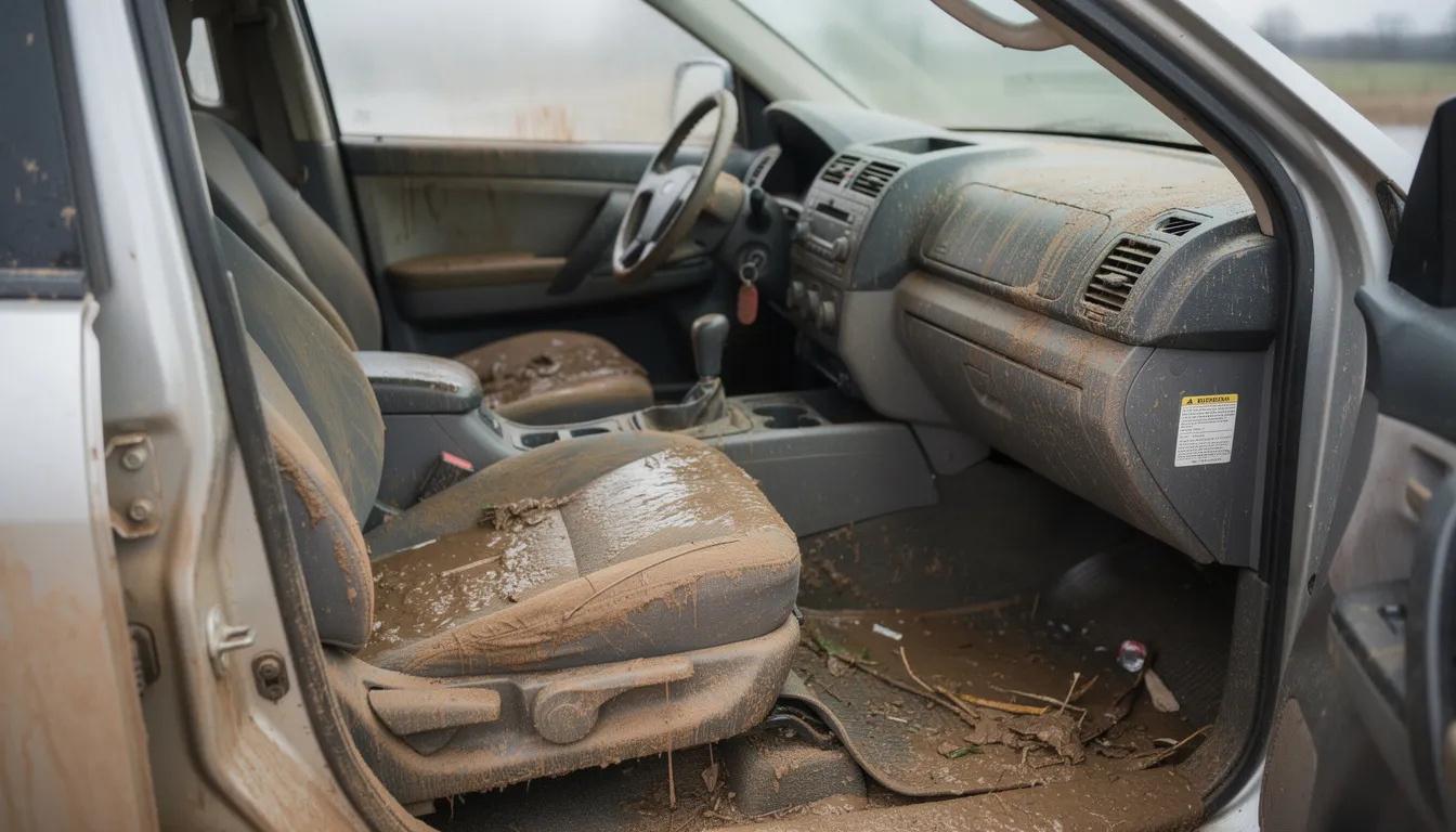 The image shows the interior of a flood-damaged vehicle, with visible water marks on the seats and dashboard, indicating significant damage that may lead to a statutory write off. This vehicle may require substantial repairs and could be listed in a written off vehicle register due to its compromised structural integrity.