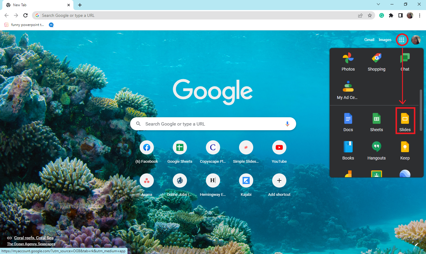 Open youre Google Chrome, click the app button and select Google Slides