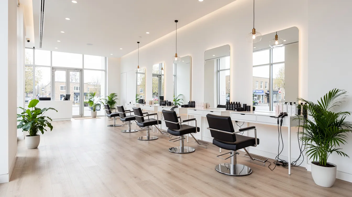 0c5e5997 fff4 4859 a47a a8c6955f4b49 The image depicts a bright and modern beauty salon interior featuring stylish styling chairs and large mirrors, creating an inviting atmosphere for beauty enthusiasts. This space highlights the beauty industry’s focus on excellent customer service and current beauty trends, making it an ideal setting for aspiring beauty entrepreneurs.