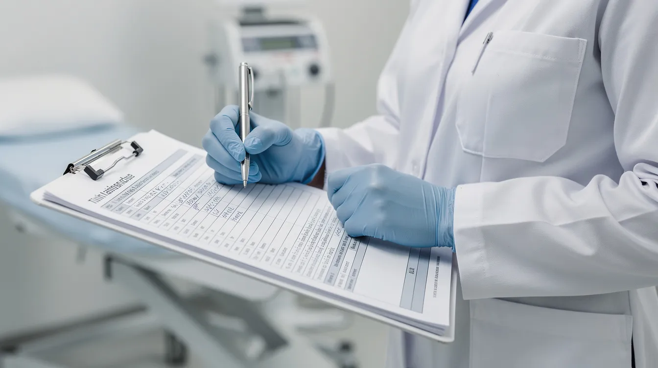 A close-up view of a medical professional's hands diligently writing notes on a clipboard, surrounded by a clinical setting that suggests careful documentation of patient medical records. This scene highlights the importance of maintaining detailed treatment notes, which are crucial for supporting disability claims related to conditions such as chronic migraines and other neurological disorders.