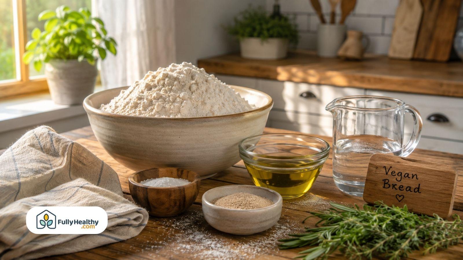 Vegan bread ingredients including flour yeast olive oil water and salt on countertop