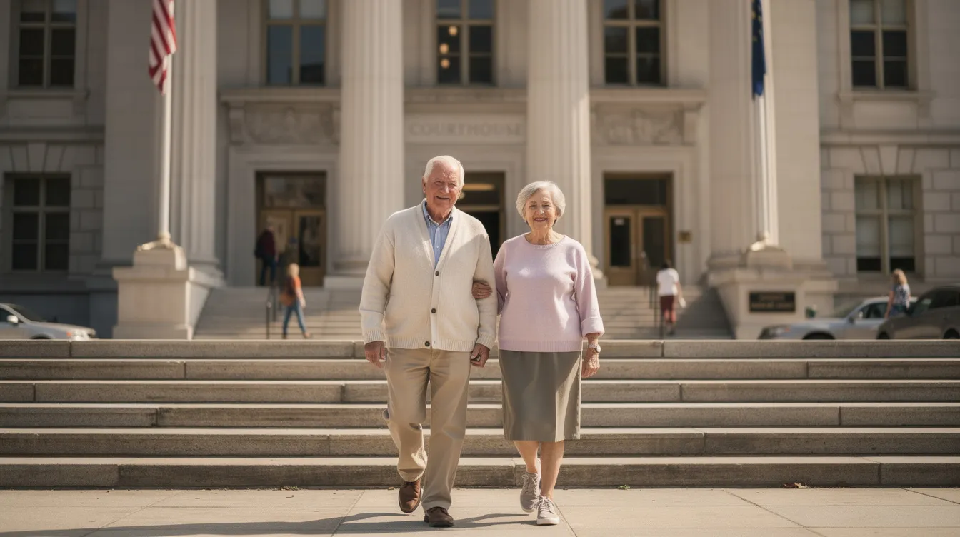 A retired couple is walking hand-in-hand outside a courthouse, symbolizing their journey through the probate process and estate planning. Their presence highlights the importance of joint ownership and the need for an estate planning attorney to help navigate Arkansas probate laws.
