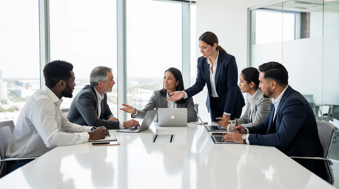 Une équipe professionnelle diversifiée collabore autour d'une table de conférence dans un bureau moderne et lumineux, discutant de la mise en œuvre d'une stratégie d'entreprise pour atteindre leurs objectifs. Les membres échangent des idées sur le plan stratégique et la feuille de route pour assurer la croissance et la réussite de leur projet.