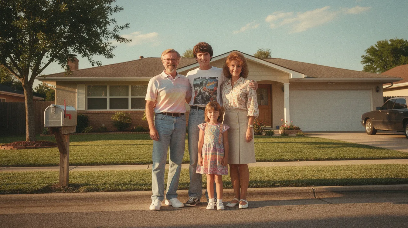 Eine amerikanische Vorstadtfamilie aus den 1980er Jahren steht vor ihrem Einfamilienhaus, umgeben von Sonnenlicht und in typischer Retro-Kleidung. Die Szene vermittelt ein nostalgisches Gefühl und erinnert an Filme wie "Zurück in die Zukunft", die diese Zeit so prägend gemacht haben.