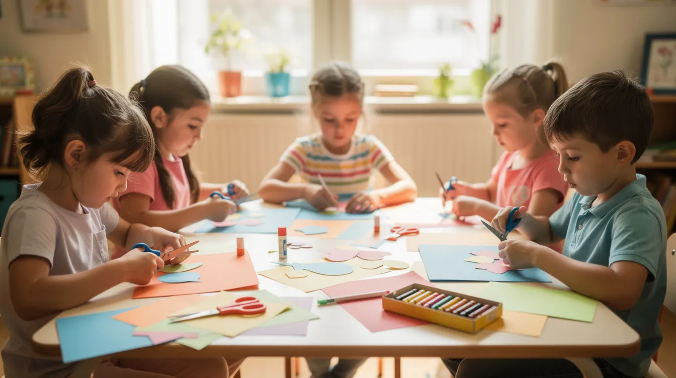 Na obrazku widzimy dzieci siedzące przy stole, kt&oacute;re z zaangażowaniem pracują z kolorowym papierem i nożyczkami, tworząc r&oacute;żnorodne karty do swojego lapbooka. Ich kreatywność rozwija się podczas omawiania lektury mikołajek, a prace te ułatwiają analizę postaci i wydarzeń w książce.