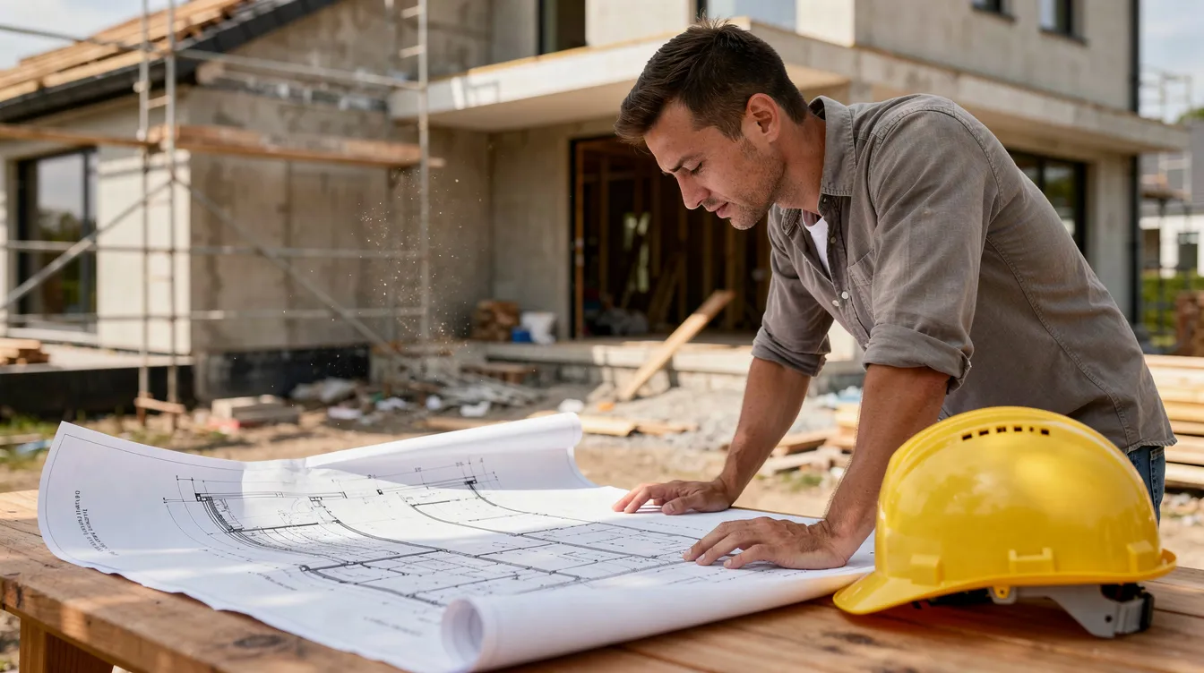 Une personne examine des plans architecturaux devant une maison en construction, avec un casque de chantier posé sur la table. Ce moment illustre le rôle essentiel du maître d'ouvrage dans la gestion de projet et la réalisation d'un ouvrage.