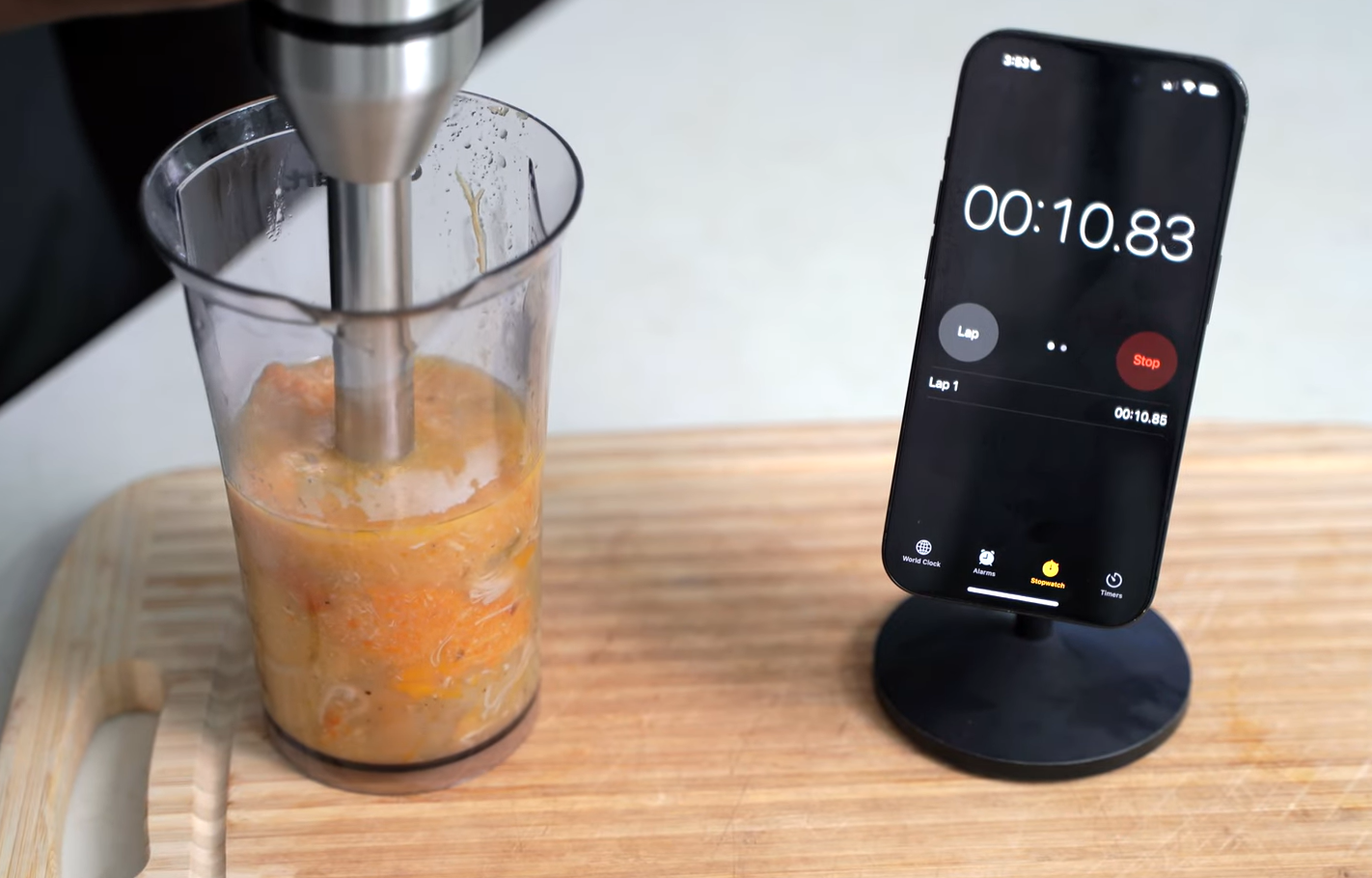 pureeing soup using the Cuisinart smart stick blender