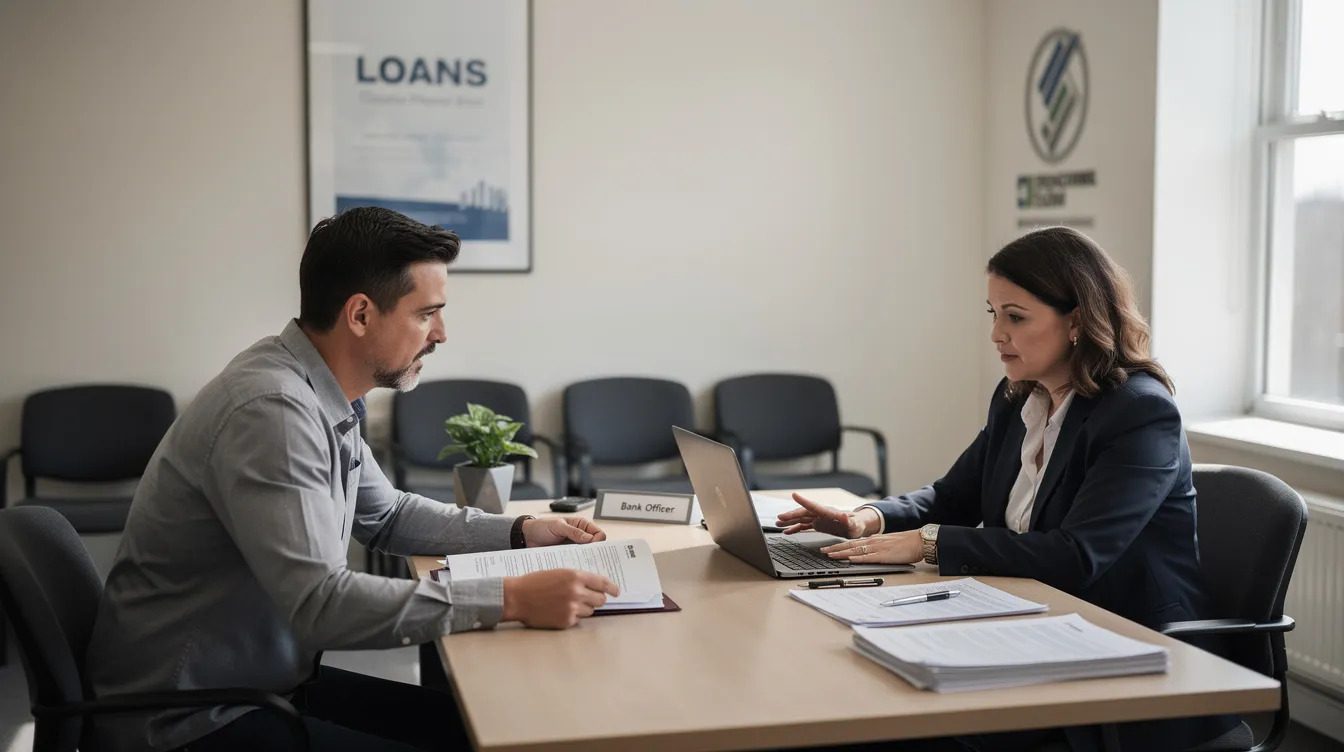0c6259ed ca0d 4563 a00e 700870e7b76f A small business owner is seated at a desk in a simple bank branch, engaged in discussion with a bank officer about a mudra loan application form for financial assistance. The setting reflects a professional atmosphere where the owner is seeking guidance on business loans, cash flow management, and eligibility criteria for collateral-free loans under the Pradhan Mantri Mudra Yojana.