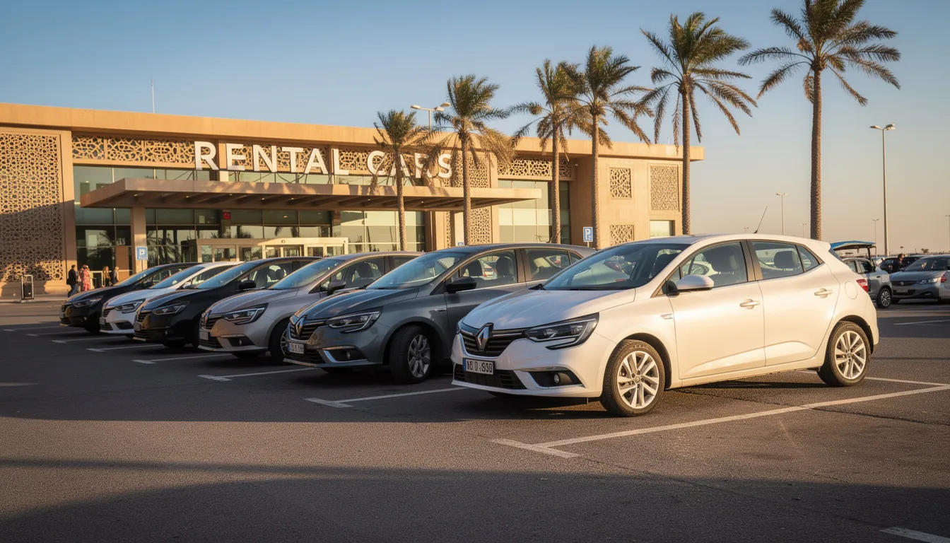 A row of well-maintained rental cars is parked at a Moroccan airport, with lush palm trees swaying gently in the background. This scene highlights the car rental services available for visitors looking to explore Morocco at their own pace, whether for business trips or unforgettable adventures in the Sahara Desert.