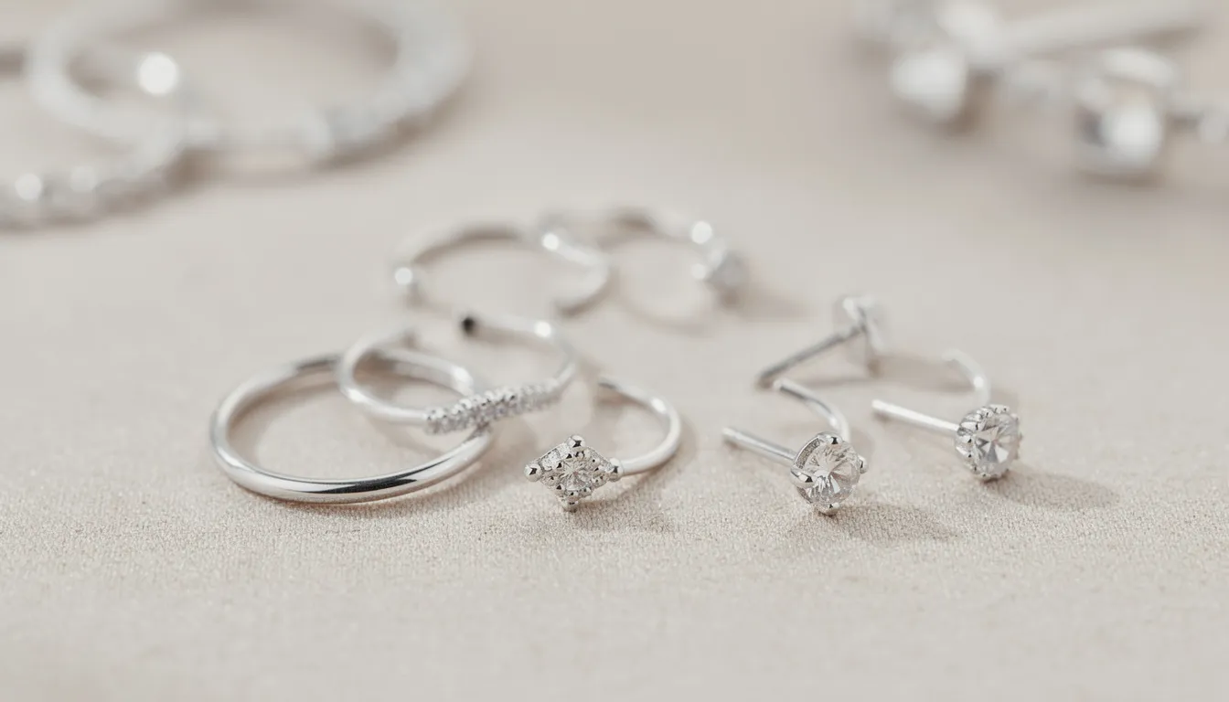 The image showcases a collection of elegant silver ring nose piercings, including various styles of nose rings and studs crafted from hypoallergenic materials, perfect for everyday wear. The silver nose jewellery features both simple and intricate designs, highlighting their versatility and suitability for different occasions.