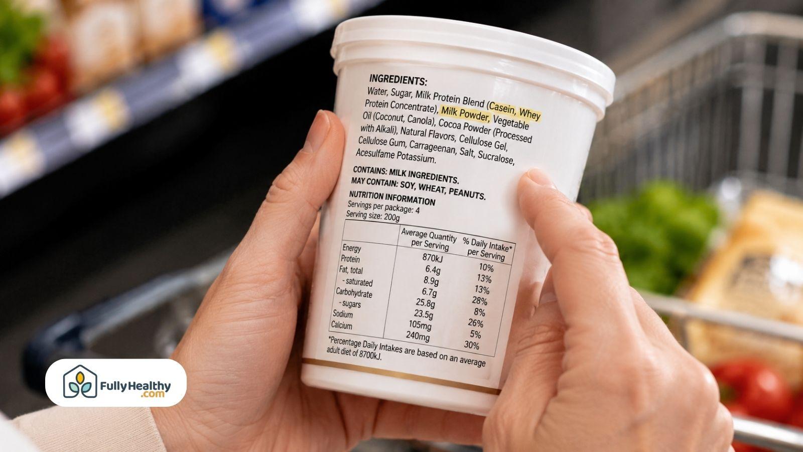 Person reading ingredient label highlighting milk protein and casein while grocery shopping safely