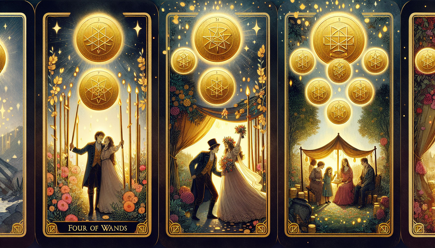 Illustration of tarot cards Four of Wands and Ten of Pentacles representing commitment